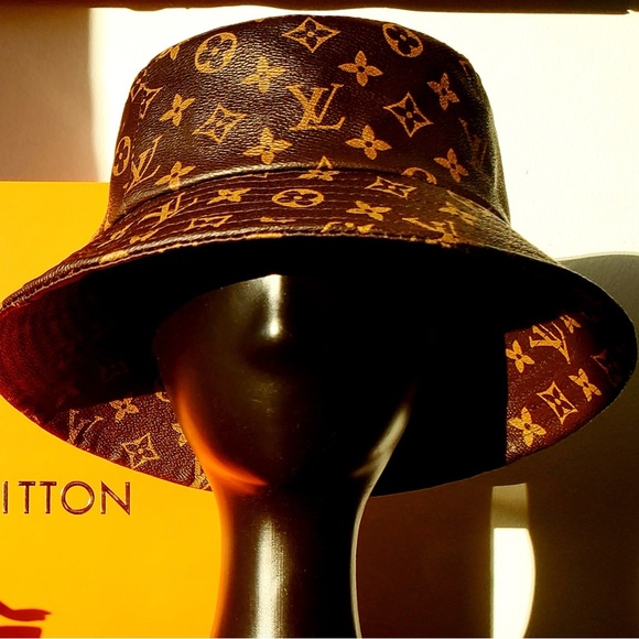 Louis Vuitton LV Monogram Bucket Hat Calf Skin Leather Brown Tan Jacquard - Picture 9 of 10